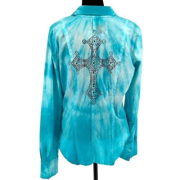 Love Junkie Women’s Tie Dye Button Down Shirt Studded Cross Teal Size Large‎ - Picture 4 of 11